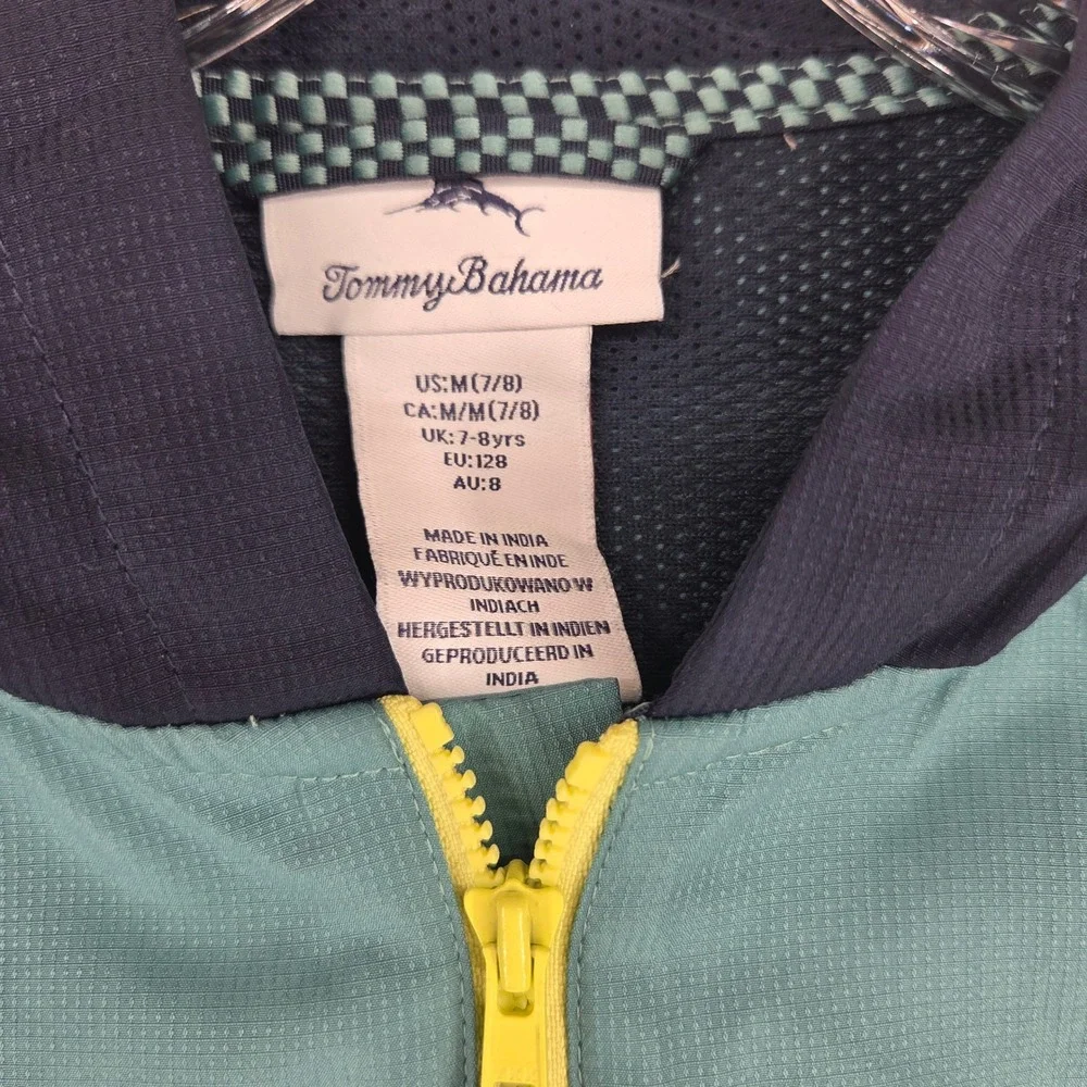 Tommy Bahama Windbreaker M 7/8 Blue Teal Yellow Hooded Jacket Sporty Coastal